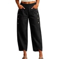 thumbnail image 2 of longantii Linen Capri Pants for Women Cropped Boho Wide Leg Palazzo Pants Elastic Waist Summer Beach Lounge Pant Side Button Casual Capri Trousers with Pockets Black XL, 2 of 7
