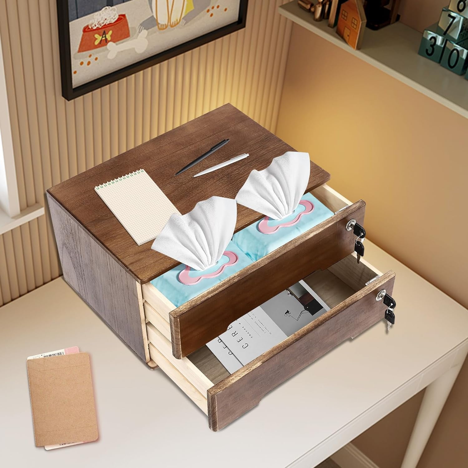 2-Tier Wooden Desk Organizer, Desk Storage Drawers Multifunctional Mini Tabletop Storage Organization Box for Home or Office, 15.75 x 11 x 8.66in (Walnut Color)