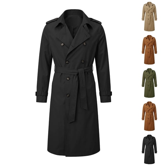 Hulanddfd Men's Trench Coat Turn Down Collar Double Breasted Belted Long Windbreaker Casual Fall Winter Outerwear