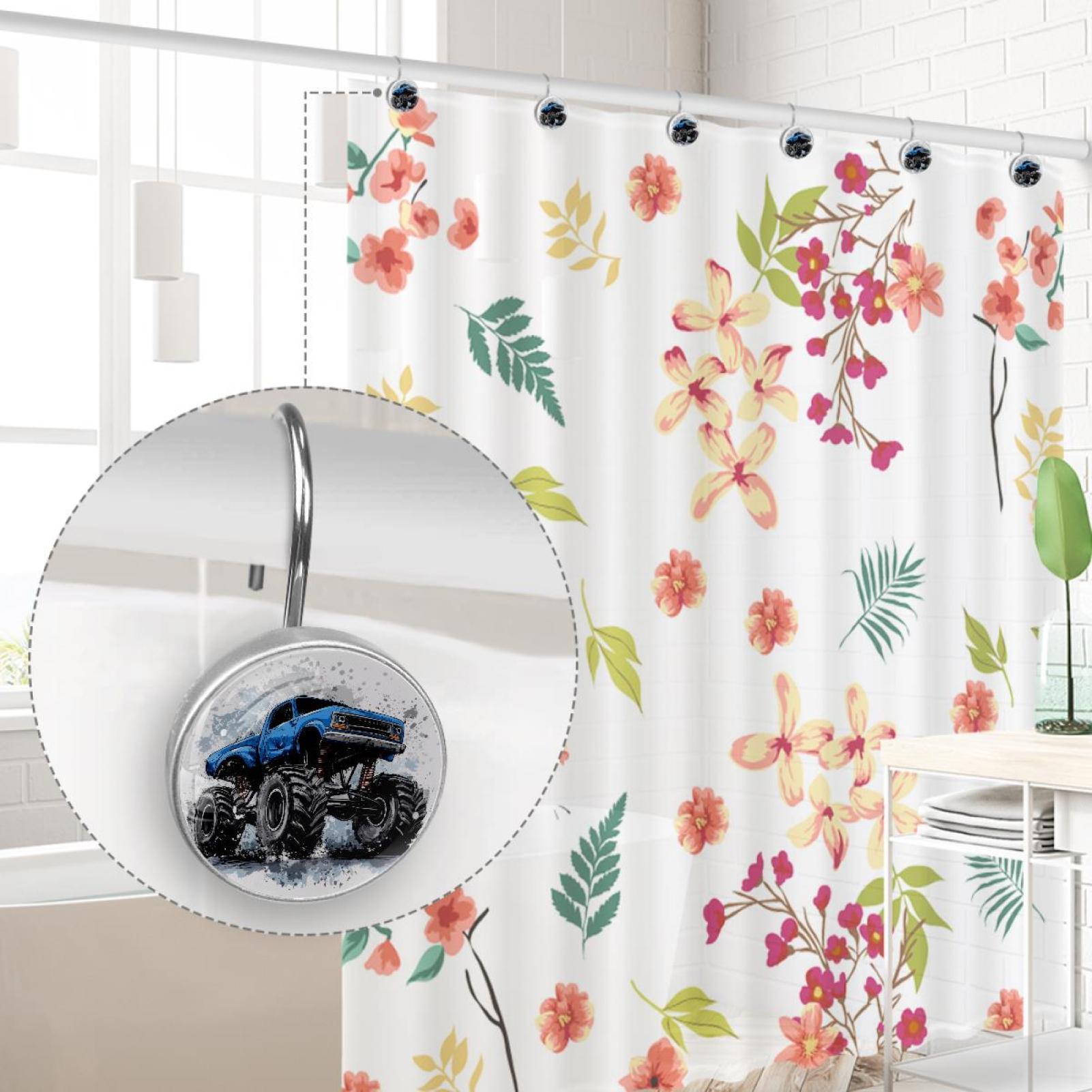 Blue Monster Car Shower Curtain Hooks Round Crystal Glass, Set of 12 Shower Curtain Rings - Shower Hooks for Curtain Shower Rings