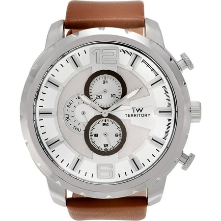 Territory Men's Stainless Steel Leather Round Chronograph Dial Strap Fashion Watch, Brown