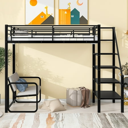 Twin Size Metal Loft Bed with Bench and Storage Staircase  Multiple Functions Bed  Loft Bed with Ladder  Metal Space Saving Bed Frame for Boys  Girls