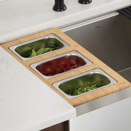 KRAUS Workstation Kitchen Sink Serving Board Set with Rectangular Stainless Steel Bowls