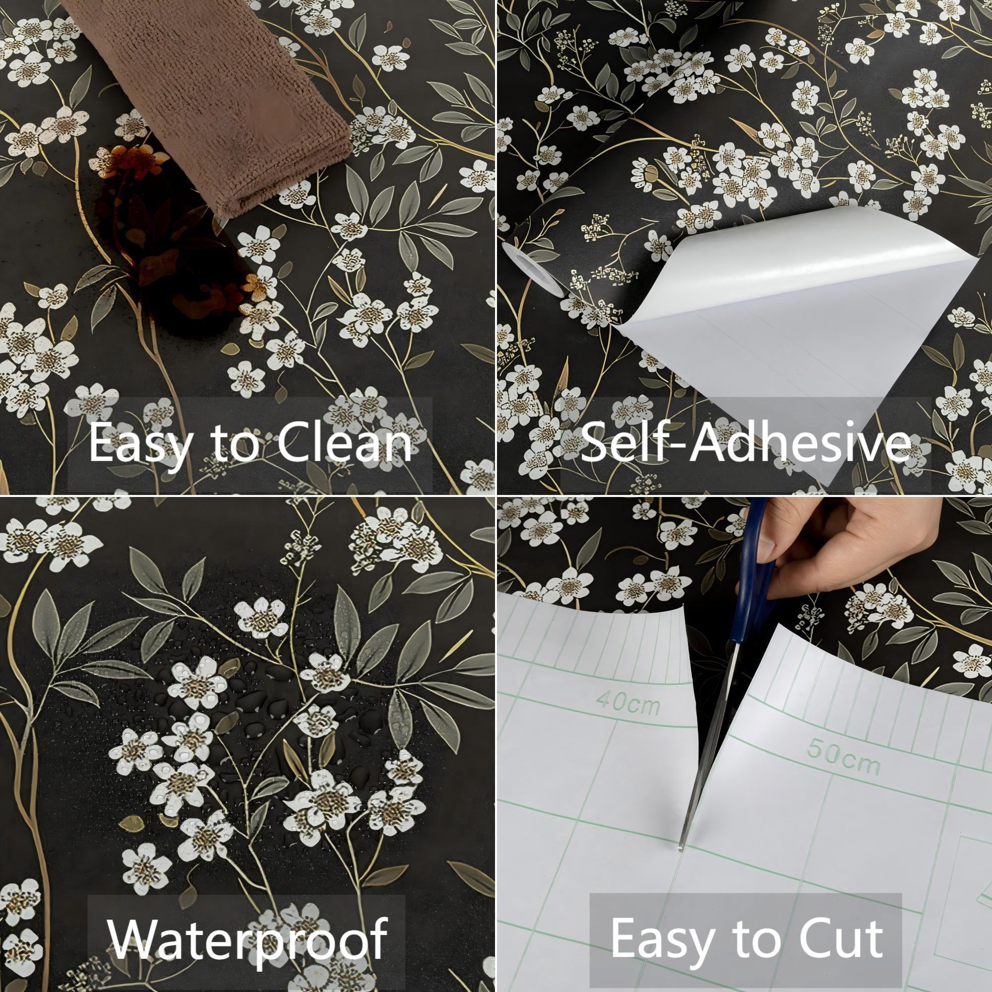 (4 pack) UMIGGEE Floral Wallpaper Peel and Stick Flower Black Wall Paper Self Adhesive Wallpaper 17.7-in x 118-in Contact Paper Removable Wallpaper for Home Decor Wall Covering Old Furniture Renovation