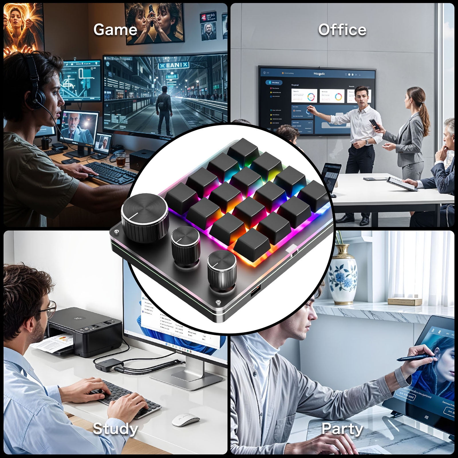 Single Handed USB C Macro Programmable Keypad 16-Key 3 Knobs Mechanical Gaming Keyboard for Versatility