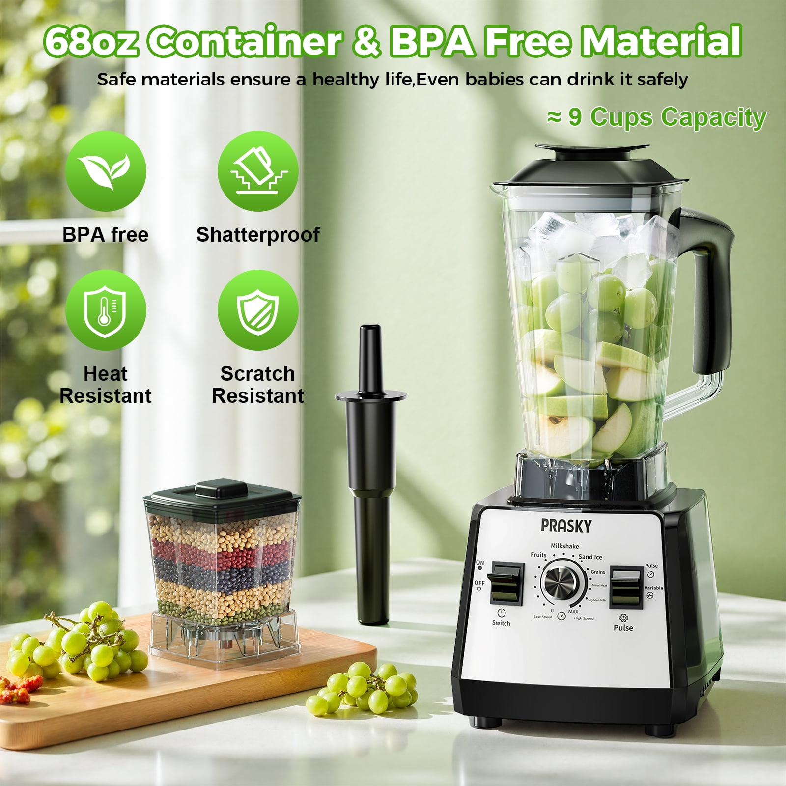 Open Box PRASKY Countertop Blender, 2-in-1 Professional Blender, 68oz Capacity 1000W 6 Speeds Blender for Kitchen with 25oz to-go Cup (White)