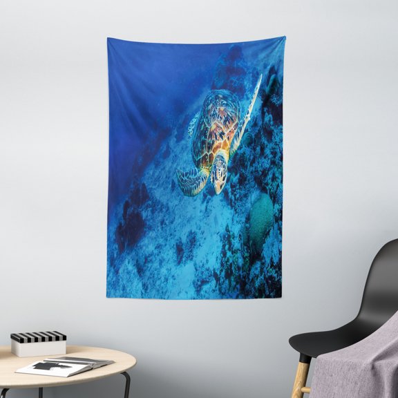 Turtle Tapestry, Oceanic Wildlife Themed Photo of Sea Turtle in Deep Blue Waters Coral Reef Hawaiian, Wall Hanging for Bedroom Living Room Dorm Decor, 40W X 60L Inches, Blue Orange, by Ambesonne