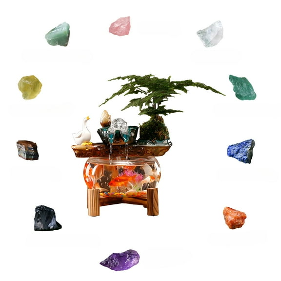 Indoor Desktop Ceramic Fountain Statue Decor Crystal Spinning Ball   Silent Pump   Free 10pcs Crystal | Meditation, Relaxation, Protection, Feng Shui Decor (Deer Brings Prosperity)