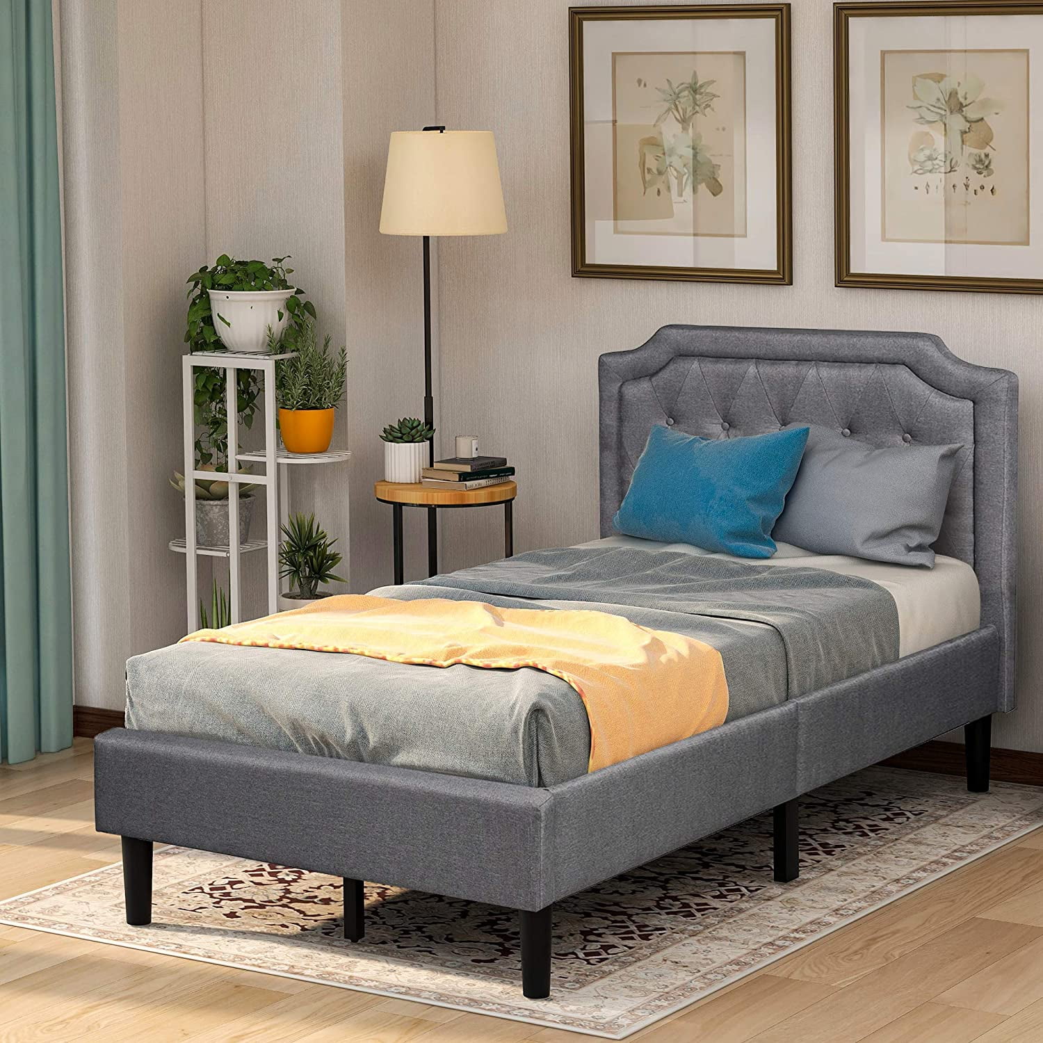 Linen Platform Bed Single Bed with Tall Headboard for Home Use