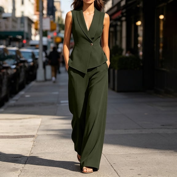 Abomasnow Pant Suits for Women Dressy Casual 2 Piece Business Work Outfits V Neck Sleeveless Vest Blazer Wide Leg Pants Set