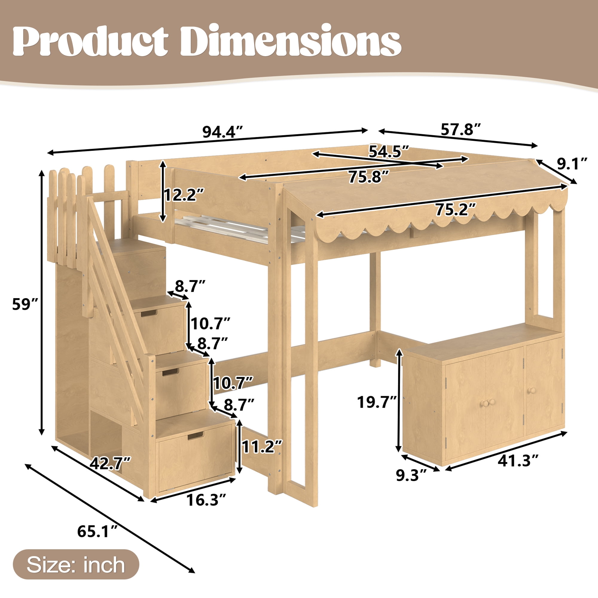 Leumius Full over Full Size Playhouse Loft Bed with Storage Stairs, Solid Wood Loft Bed with Pretend Convenience Store Counter, Convertible Underbed Space for Sleep or Play Natural