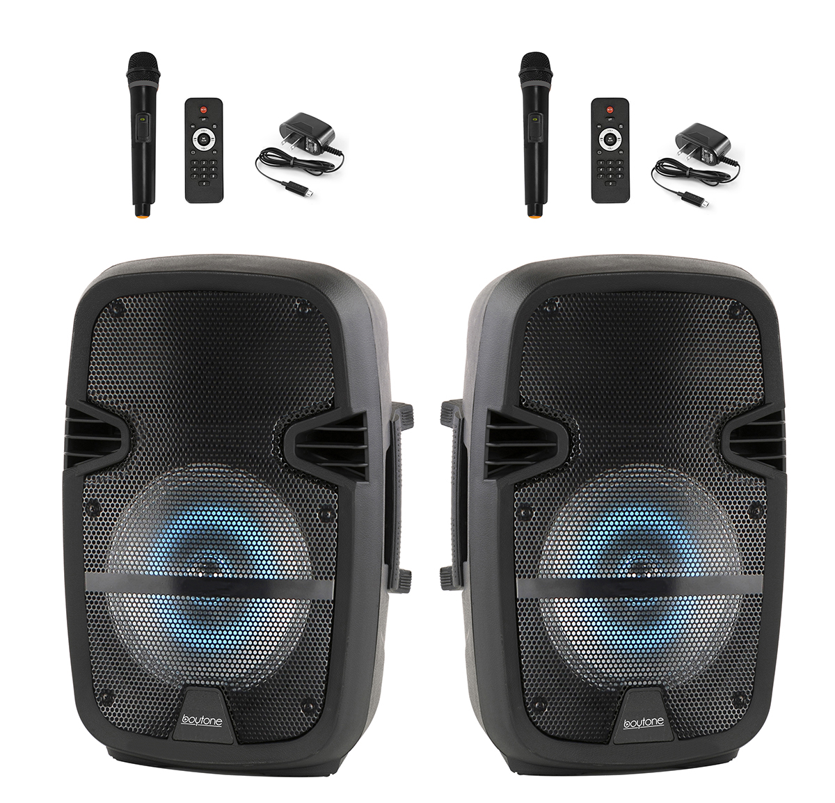 Pair of BT-08SP2 Boytone 8” Portable Bluetooth PA Speaker, Rechargeable, Karaoke, Wireless Microphone, TWS(Wireless) to Connect both Speakers Together. DJ Lights, FM, MP3, USB Port, TF Slot, AUX - image 3 of 7
