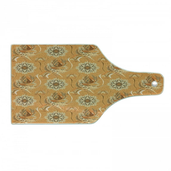 Tan and Brown Cutting Board, Ornamental Ottoman Garden Pattern with Tulips and Blossoming Flowers, Tempered Glass Cutting and Serving Board, Wine Bottle Shape, Orange Tan Brown, by Ambesonne