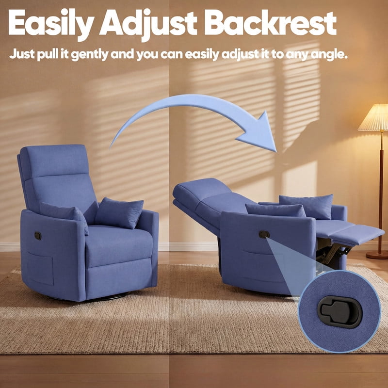 Lacoo 360° Swivel Recliner Chair Oversized Adult Nursery Glider Rocking Recliner Upholstered Electric Recliner Chair with 2 Pillows for Living Room,Linen Blue