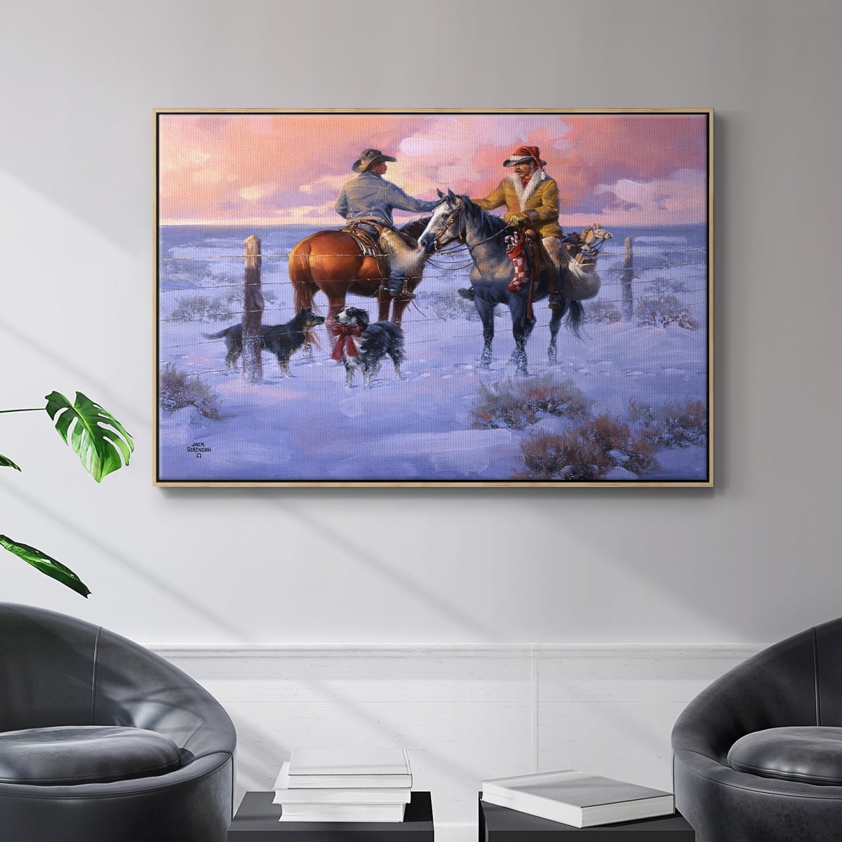 Sharin' Christmas with the Neighbors - Framed Gallery Wrapped Holiday Canvas - 25 x 37 - Natural Wood Frame