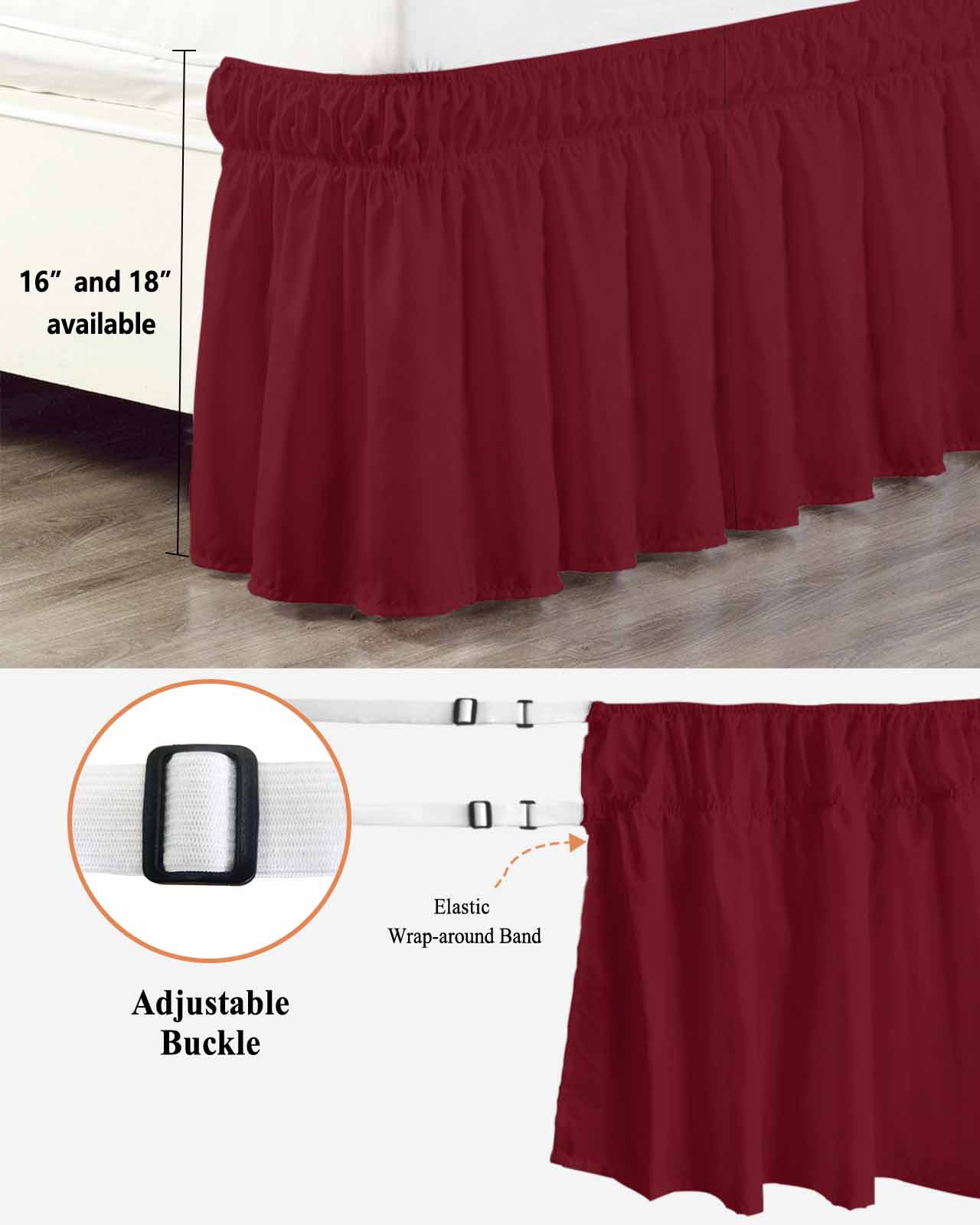 Solid Color Bed Skirt King Size 16" Drop Wine Red Ruffled Wrap Around Bed Skirts Adjustable Elastic Bedskirt Dust Ruffle for King Size Bed