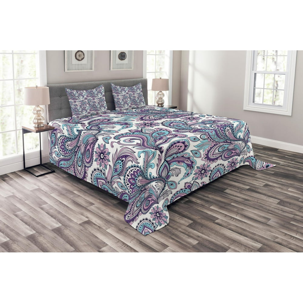Paisley Bedspread Set, Blue and Purple Flowers Leaves Floral Pattern