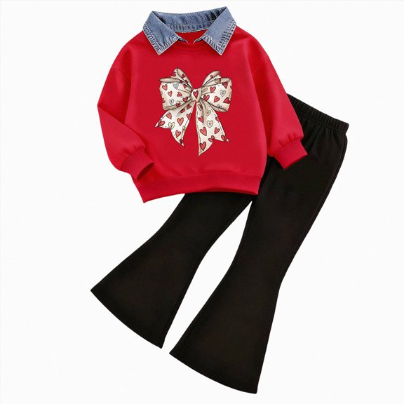 Toddler Girls Denim Collar Heart Butterfly Print Sweatshirt Flare Pants 2 Piece Back to School Outfit Kids Cute Clothes