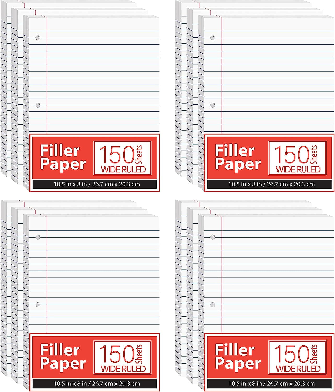 Notebook Paper, Loose Leaf Paper, Wide Ruled Notebook Paper, 10.5” X 8” Filler Paper, 56 Gsm