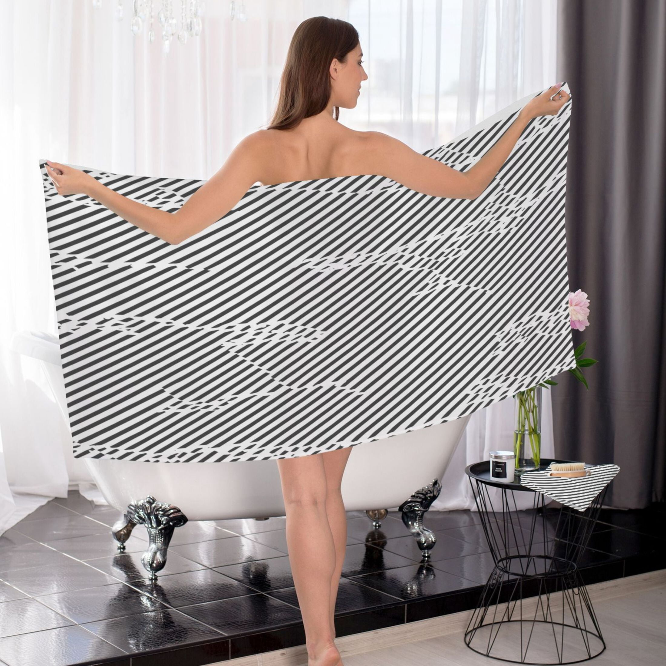 Black and White Stripe Design 2 Piece Cotton Bath and Face Towel Set Soft and Absorbent, for Beach Pool Bathroom