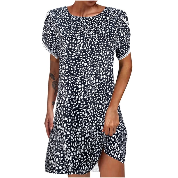 Vestidos de cuello redondo con estampado floral de manga corta de encaje casual de verano para mujer Fridja bnh619