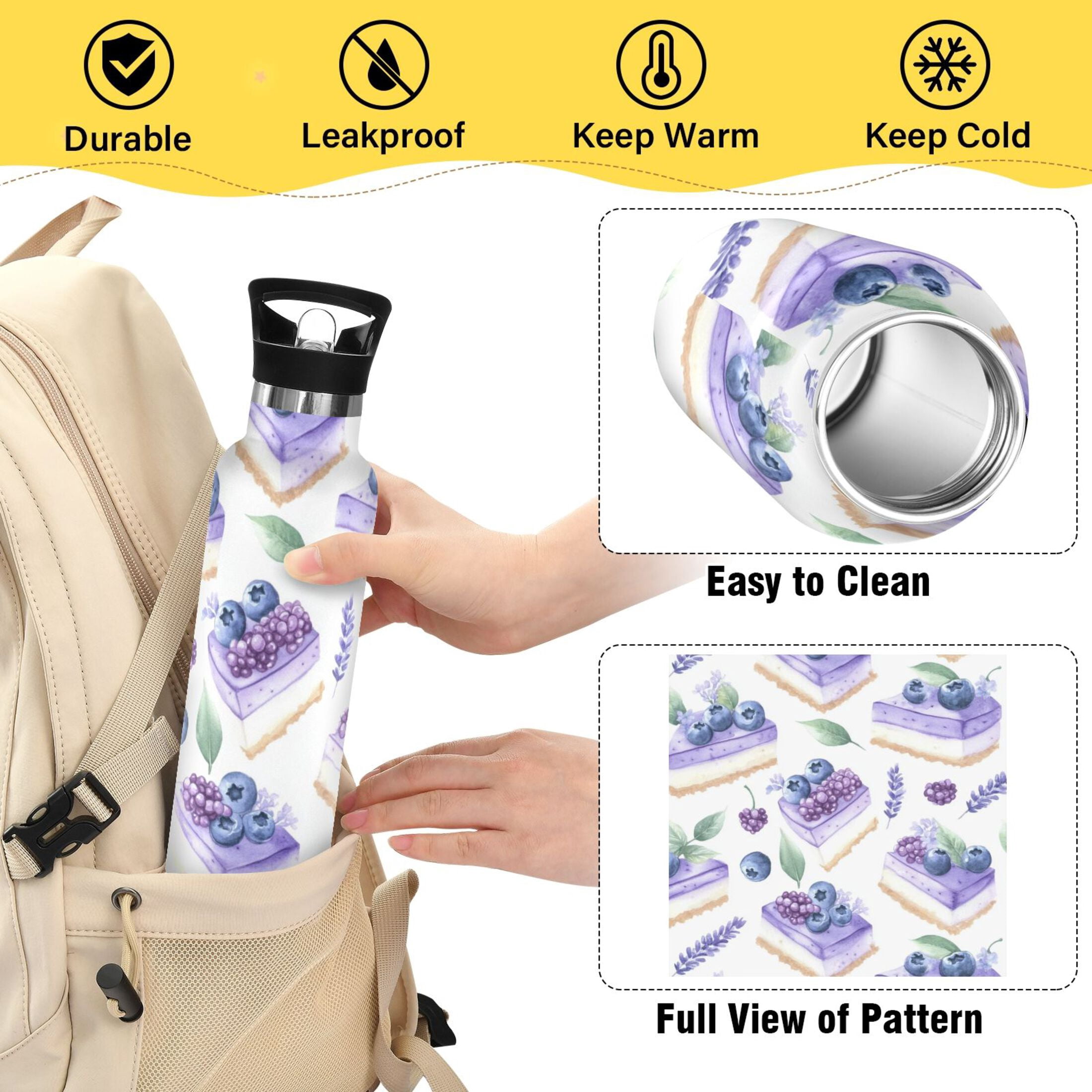 Kids Insulated Stainless Steel Sports Water Bottle 600ml (20oz) Blueberry Cheesecake Pattern