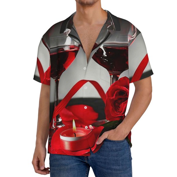 Balery Red Wine Rose Camisa Casual de Manga Corta con Botones para Hombre, Texturizada, Estilo Cubano, para Playa, Verano-Medium
