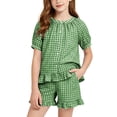 thumbnail image 5 of Vornjynx Kids Girls Outfit Sets Puff Sleeve Tops and Ruffle Hem Shorts Plaid Print 2026 Summer Comfort Clothes 2 Piece Green Size 3-4T, 5 of 9