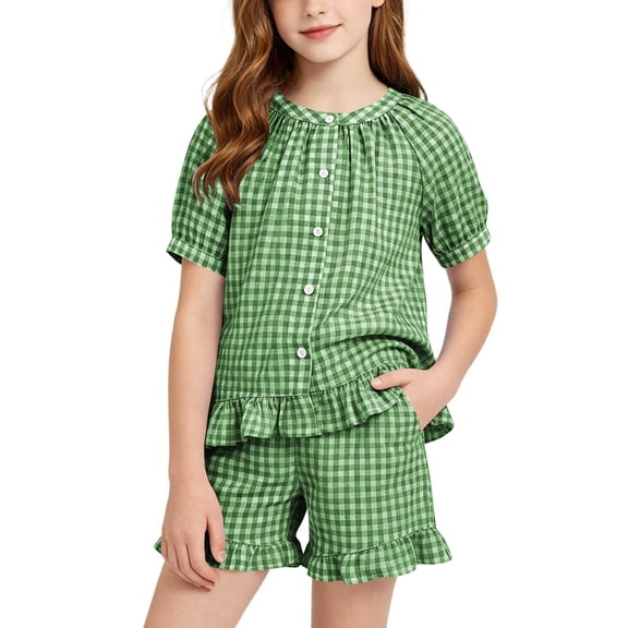 Amidoa Girls 2 Piece Outfits Summer Clothes Ruffle Sleeve Short Sleeve Cute T-Shirt and Shorts With Pockets Casual Kids Clothing Sets Green Size 7