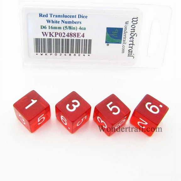 Red Transparent Dice with White Numbers D6 16mm (5/8in) Pack of 4 Wondertrail