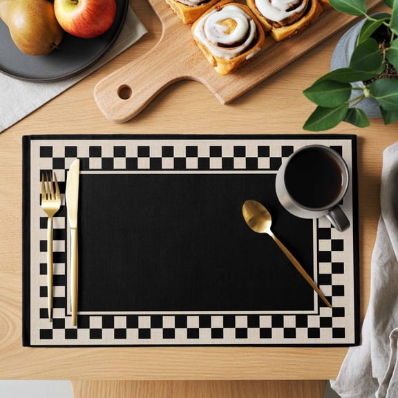 Black Square Placemats Set of 6, Graphic Retro Black Khaki Checkered Border Heat Insulated Linen Place Mats, Washable Stain-Proof Table Mats for Dining Tables Holiday Decor 13x19 Inches