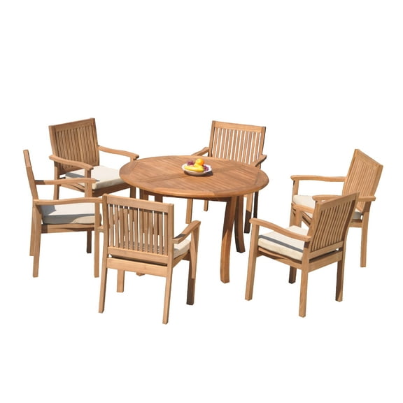 Grade-A Teak Dining Set: 6 Seater 7 Pc: 48" Round Table And 6 Leveb Stacking Arm Chairs Outdoor Patio WholesaleTeak #51LV1007