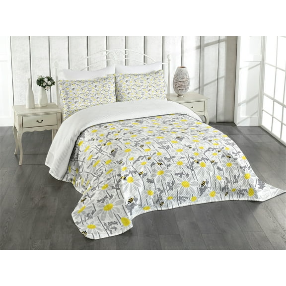 Ambesonne Yellow Quilted Bedspread Set 3 Pcs, Bees Chamomile Meadow, King Size, Grey Yellow White