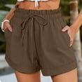 thumbnail image 2 of Htigea Women's Linen Shorts Summer Ruffled Elastic Waist Drawstring Shorts Wide Leg Roll Hem Short Pants Solid Casual Loose Fit Shorts with Pockets Coffee S, 2 of 6