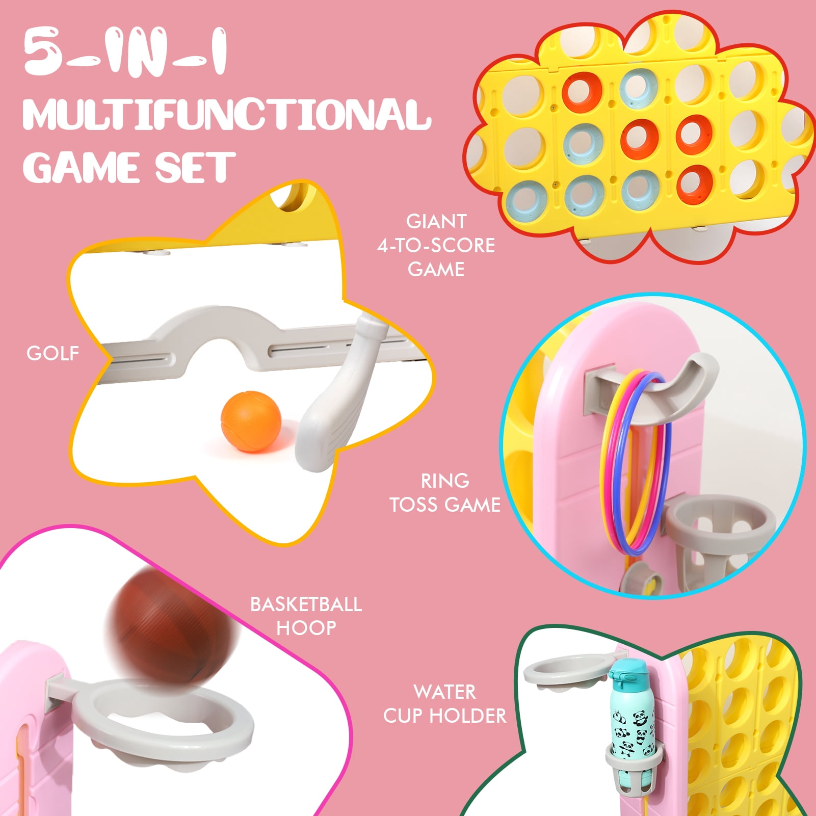 Wdmiya Jumbo 4-to-Score Giant Game Set, 4-in-a-Row Connect Game for Adults Kids Family Fun, Indoor Outdoor Adjustable Height Yard Family Game with w/ Golf Set, Basketball Hoop, Yellow Pink
