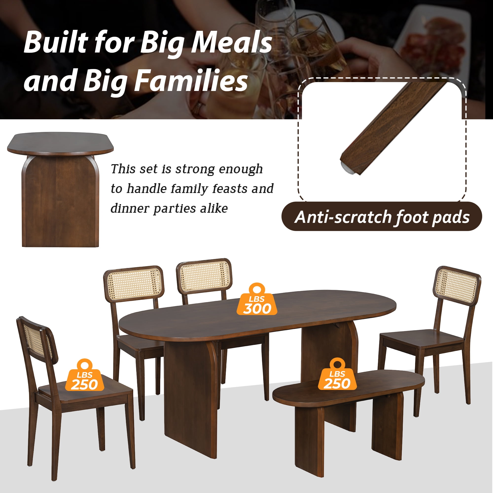 6 Piece Dining Table Set for 6, 71" Oval Dining Table with 4 Chairs and Bench