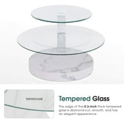 LUFTUT Modern Glass Coffee Table, 3-Tier 42 Round Tempered Glass, White Marble-Look MDF Base, Coffee Table with Storage for Living Room, Easy Assembly
