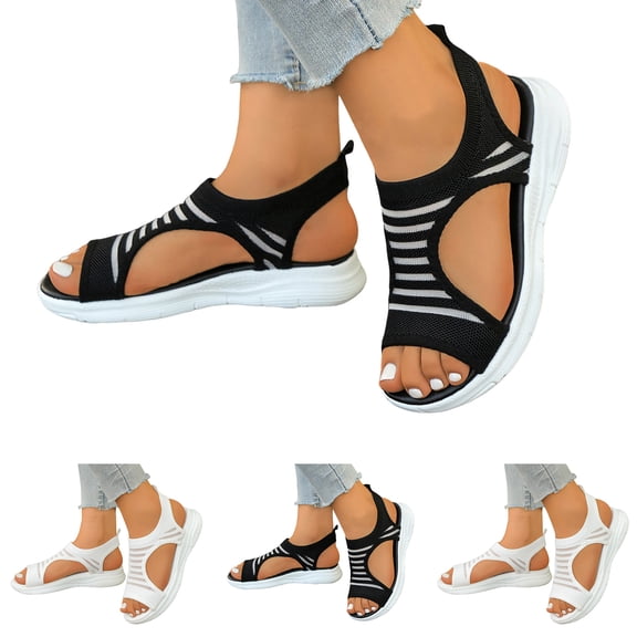 Pandaie Womens Orthopedic Walking Sandals Arch Support Comfortable Slip on Athletic Sport Sneakers Open Toe Breathable Knit Summer Shoes Black Size 6.5