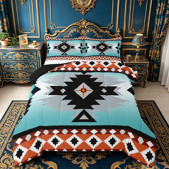 Manfei Vintage Aztec Bedding Comforter Set,Blue Geometric Pattern Twin Comforter Sets,Boho Theme Bedding Set,Super Cozy Room Decor Reversible,2-Piece