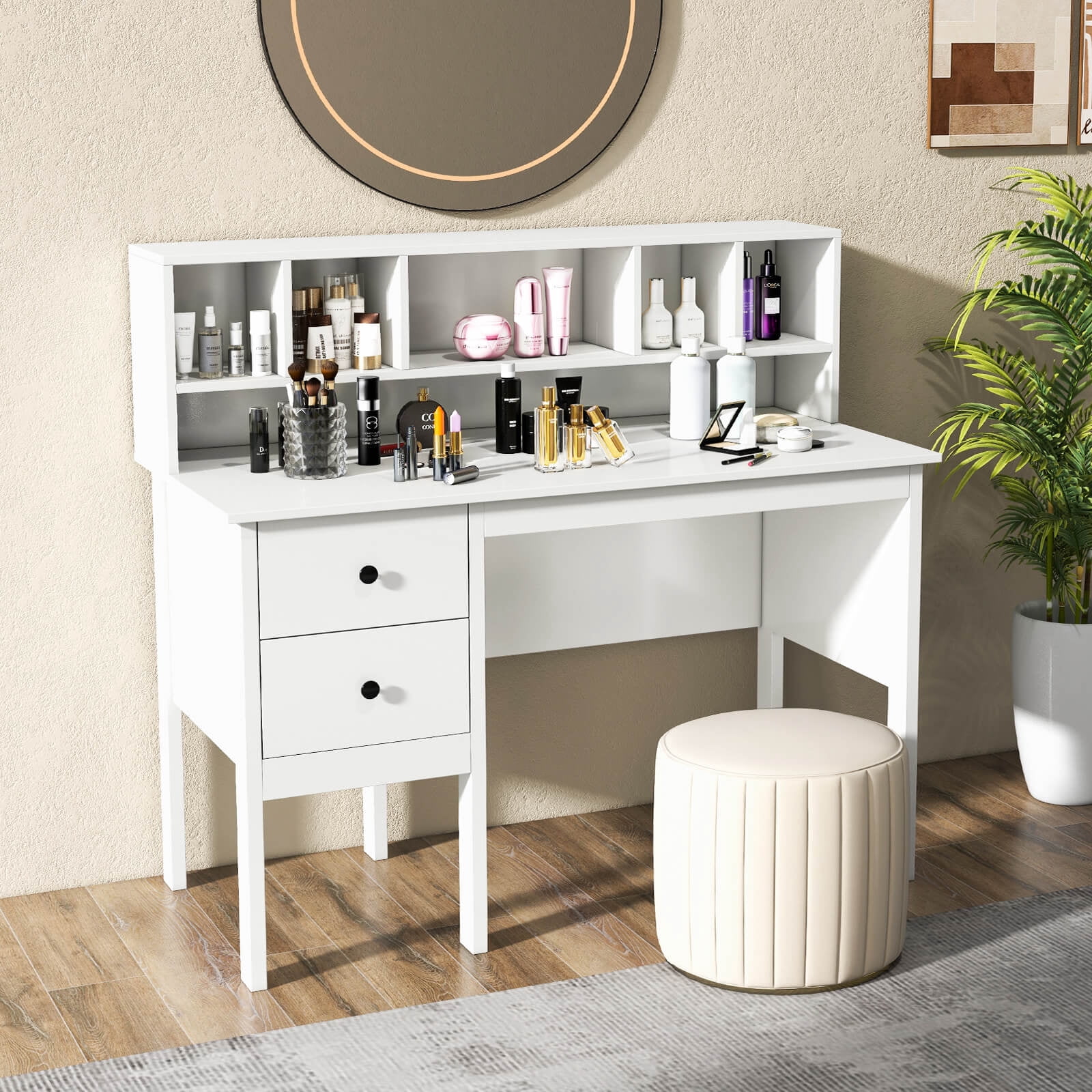 Costway Computer Desk 48" Writing Table w/ Power Outlets 5-Cubby Hutch 2 Storage Drawers White