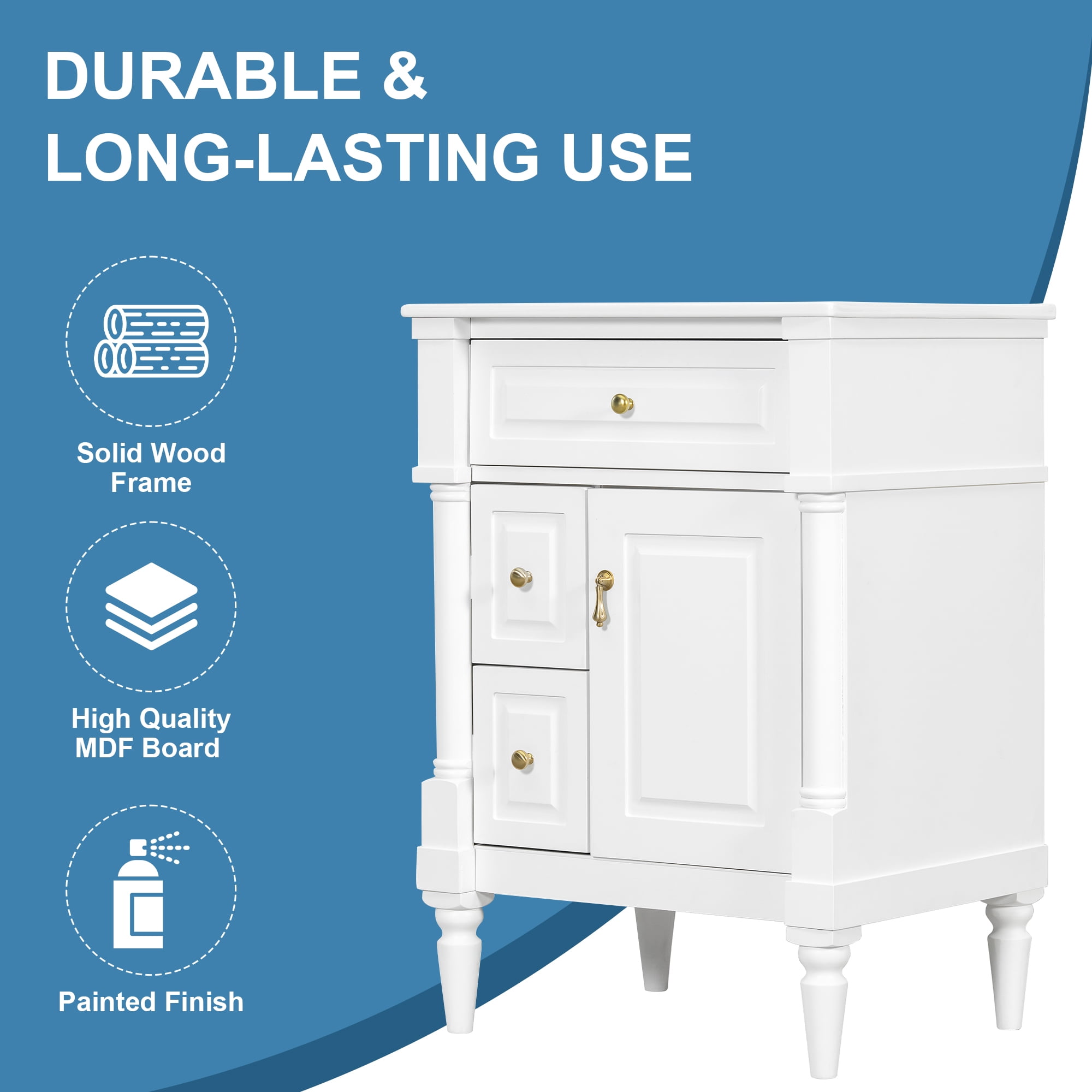 Alvantor 24" Bathroom Vanity with Ceramic Sink, Freestanding Storage Cabinet with Flip Drawers White