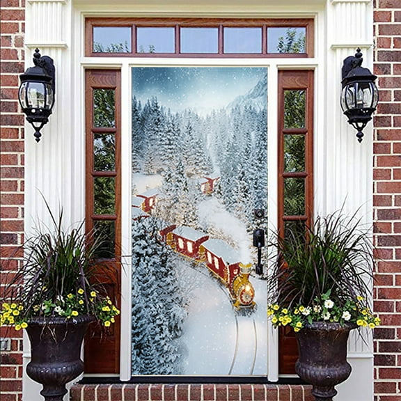 Cute Christmas Train Fantastic Winter Forest Door Sticker Xmas Door Decoration for Home Indoor Outdoor Party Decor,SP-F111,S(38.5x200cmx2Pcs)