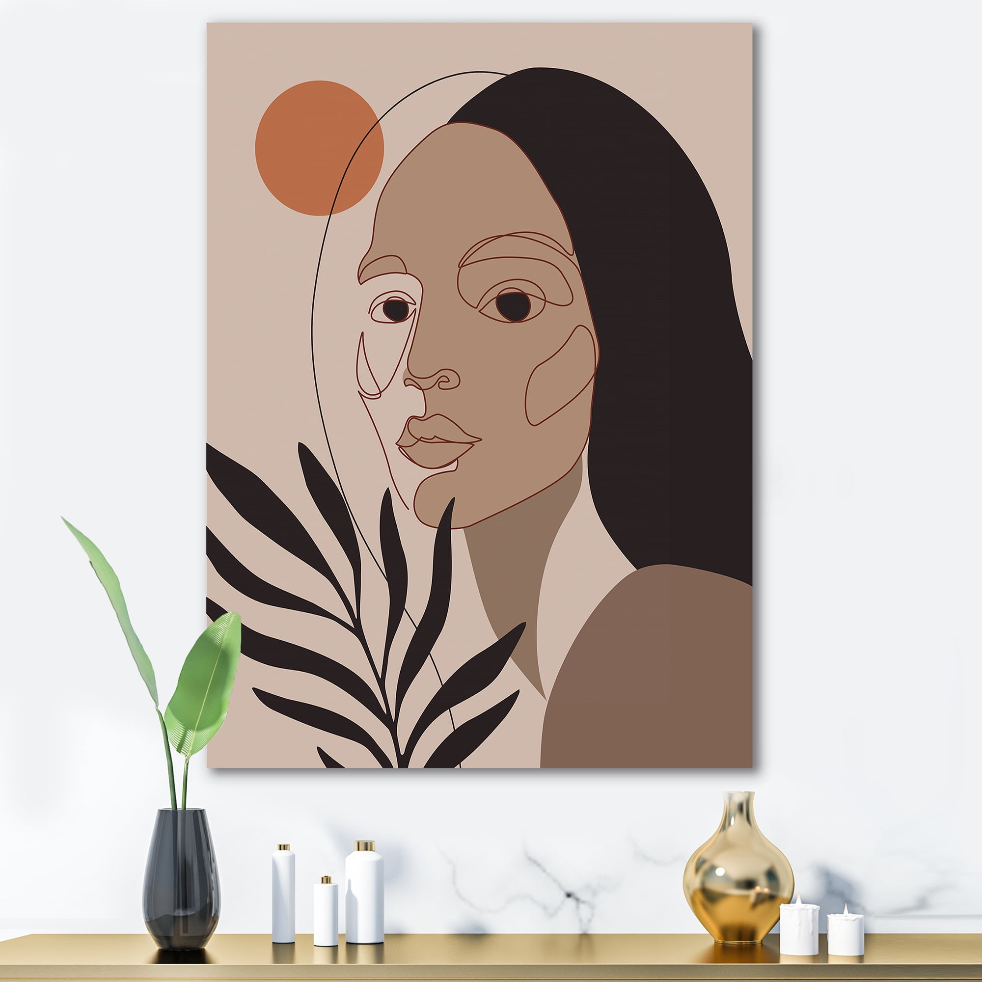 Designart ' Retro Minimal Portrait of Young Girl ' Modern Canvas Wall Art Print