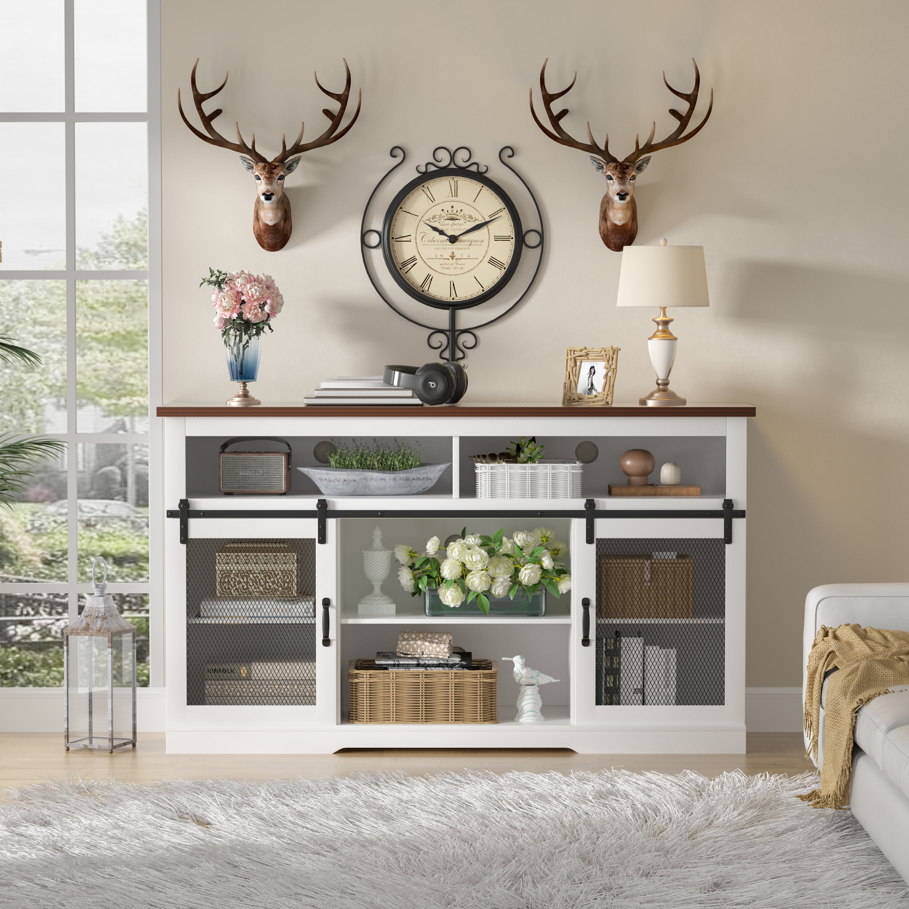 Tolead Farmhouse Style TV Stand for 65"+ TVs, Top, Sturdy, Dvds, Tall Entertainment Center, White