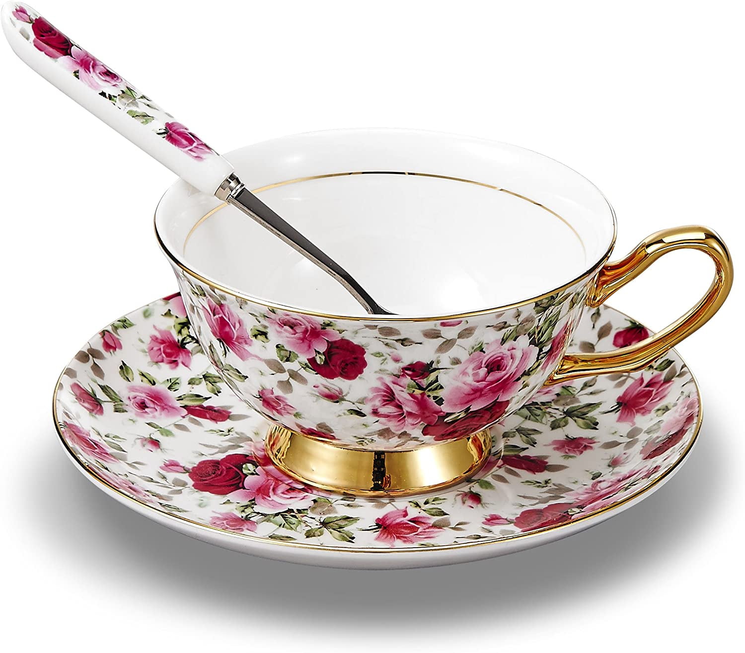Panbado Bone China Euro Style Cup & Saucer Set Art Ceramic Tea Coffee Cup,Flower & Birds Pink 2 Sets 