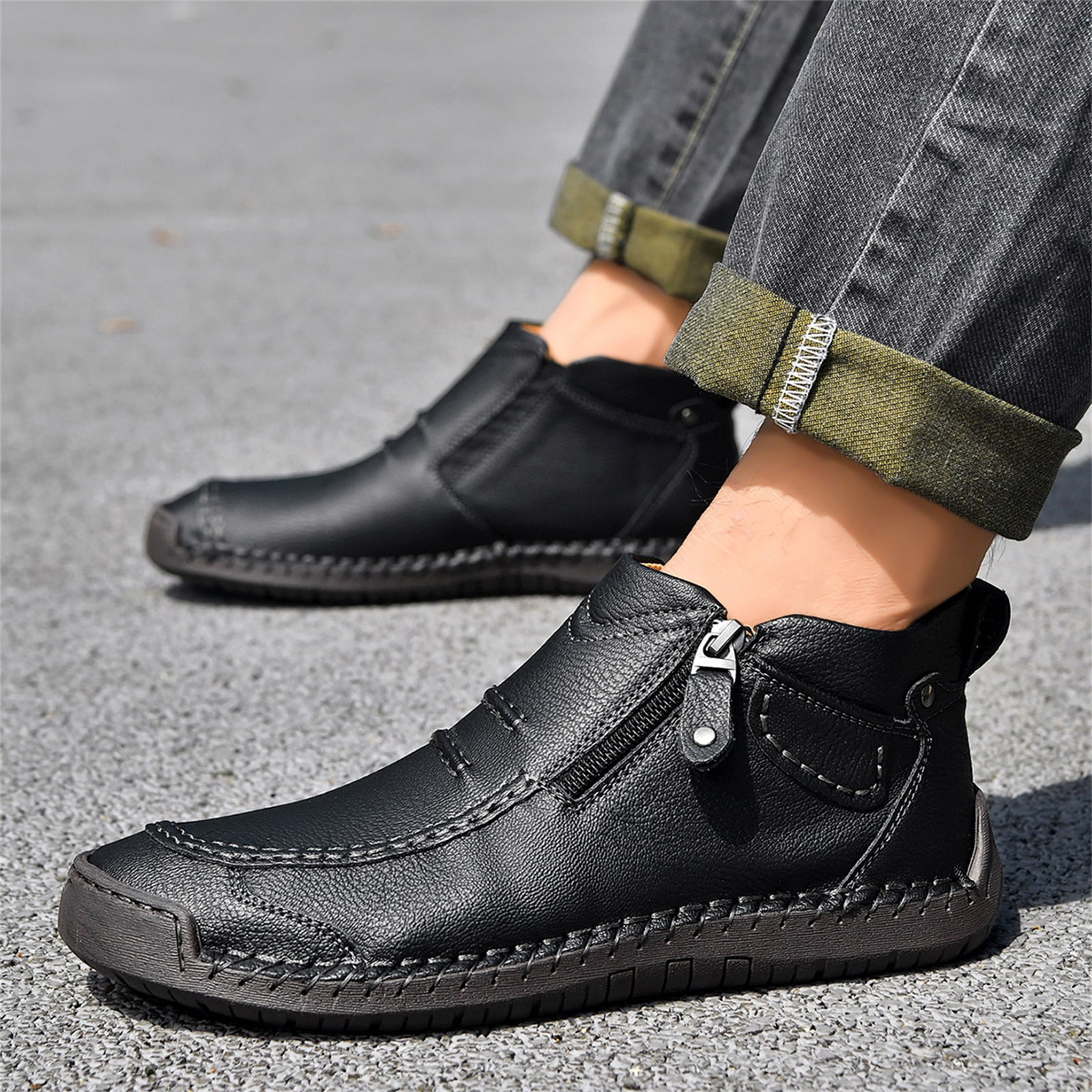 HTHLVMD Side Zipper Boots for Men, Men’S Slip-On Orthopedic Leather Boots,Men’S Handmade Premium Leather Slip-On Driving Boots,Men Side Zipper Orthopedic Shoes for Driving Hiking, Black 11.5