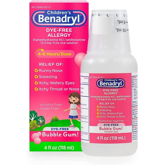 Benadryl Children's Dye-Free Allergy Liquid, Bubble Gum, 4 Oz..