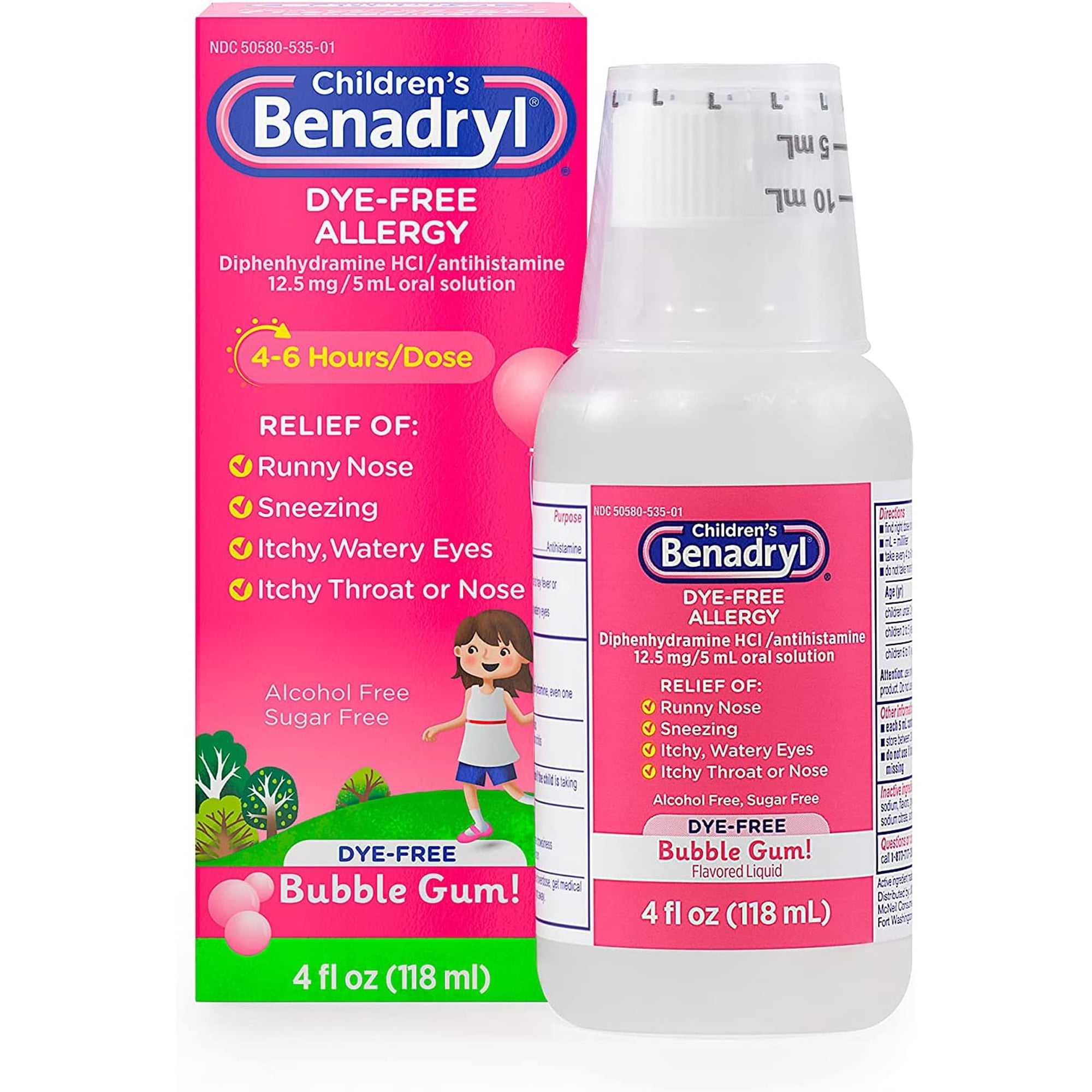 Benadryl Children's Dye-Free Allergy Liquid, Bubble Gum, 4 Oz, 6 Pack