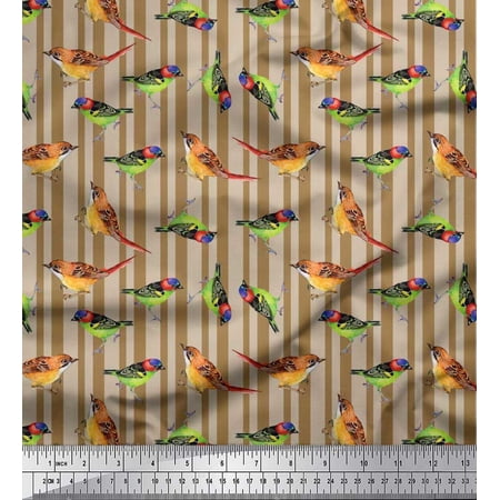 Soimoi Poly Georgette Fabric Stripe & Sparrow Bird Decor Fabric Printed Yard 42 Inch Wide