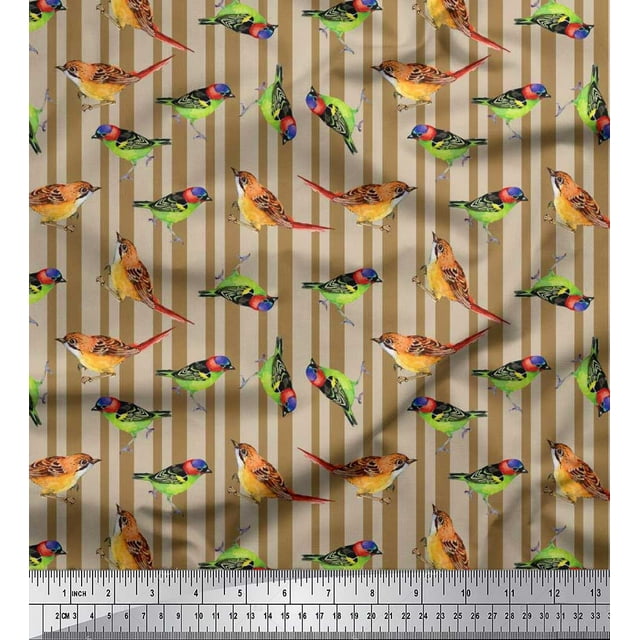 Soimoi Polyester Crepe Fabric Stripe & Sparrow Bird Fabric Prints by Yard 42 Inch Wide